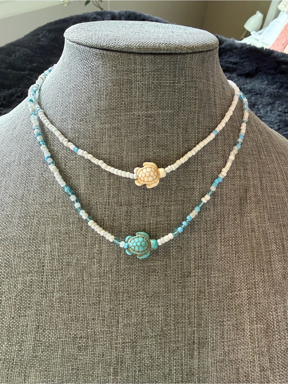 Beaded Turtle Necklaces in White, Cream & Turquoise Stones